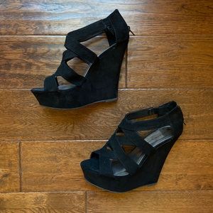 black suede wedges with zipper